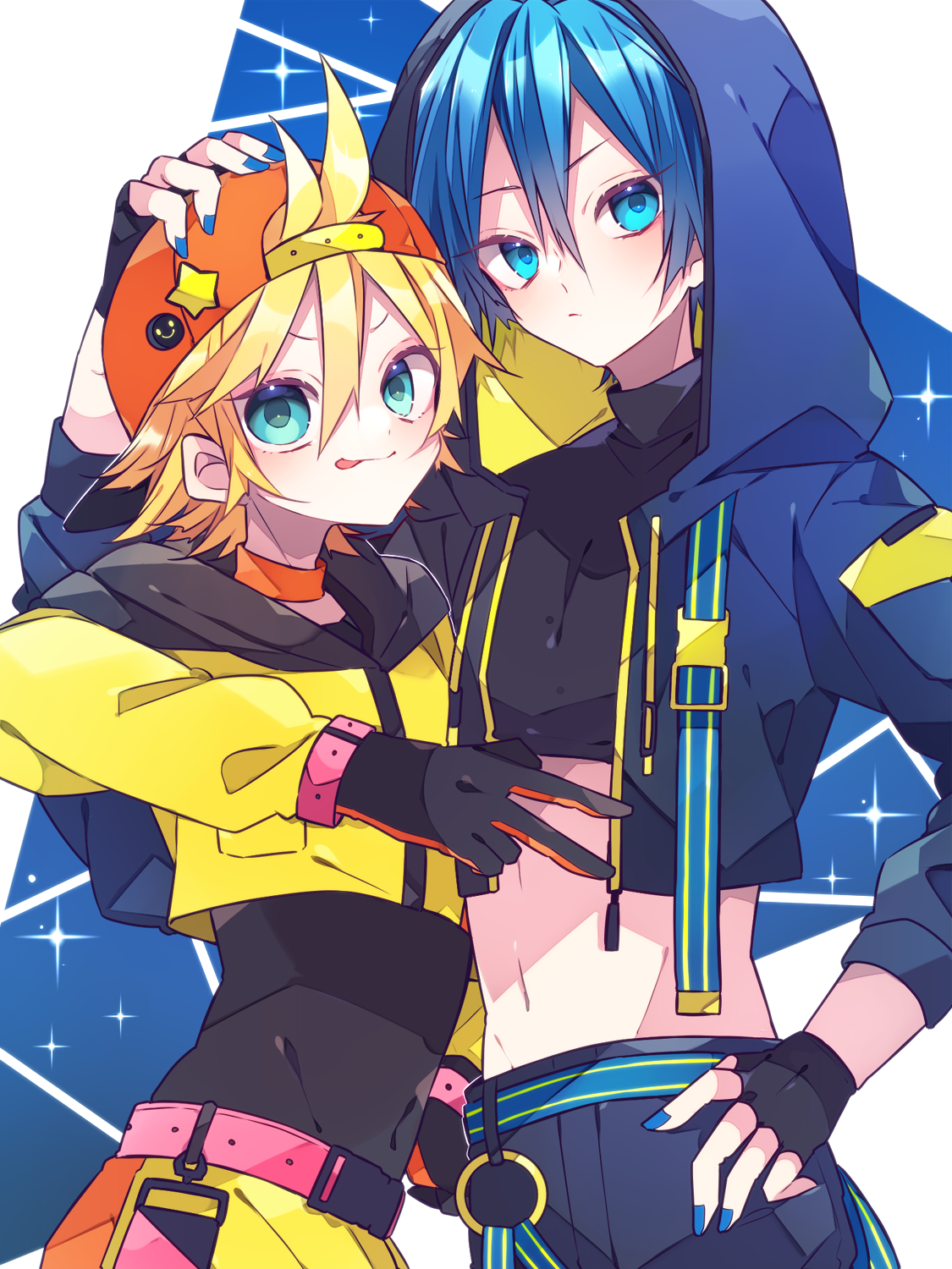 kaho 0102, kagamine len, kaito (vocaloid), magical mirai kaito, magical mirai kaito (2023), magical mirai len, magical mirai len (2023), magical mirai (vocaloid), vocaloid, commentary request, highres, 2boys, :p, belt, black gloves, blonde hair, blue background, blue eyes, blue hair, blue hoodie, blue nails, blue shorts, closed mouth, covered navel, double-parted bangs, fingerless gloves, gloves, hair between eyes, hand on another's head, hat, hood, hood up, hoodie, jacket, long sleeves, looking at viewer, male focus, midriff, multiple boys, nail polish, navel, open clothes, open hoodie, orange hat, pink belt, short hair, shorts, smile, tongue, tongue out, upper body, yellow jacket