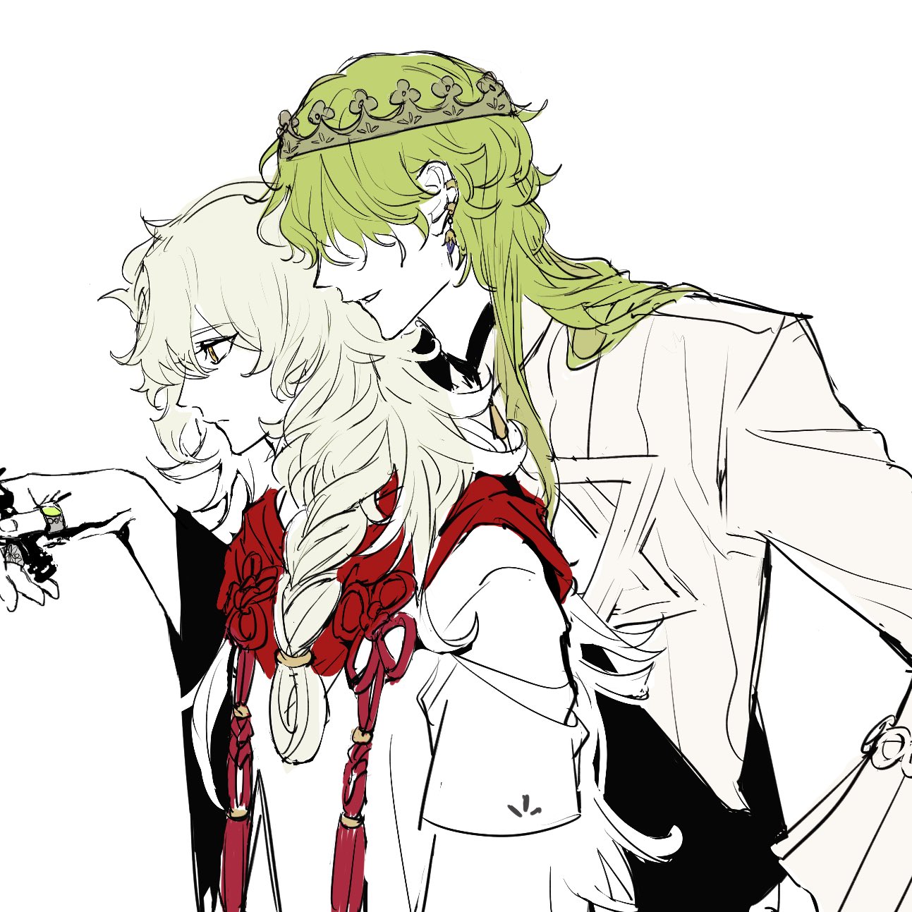 forzen, david (fate), solomon (fate), fate/grand order, fate (series), highres, 2boys, alternate hair length, alternate hairstyle, braid, crown, earrings, father and son, green hair, jewelry, long hair, male focus, multiple boys, open mouth, partially colored, profile, ring, shirt, simple background, single braid, smile, white background, white hair, yellow eyes