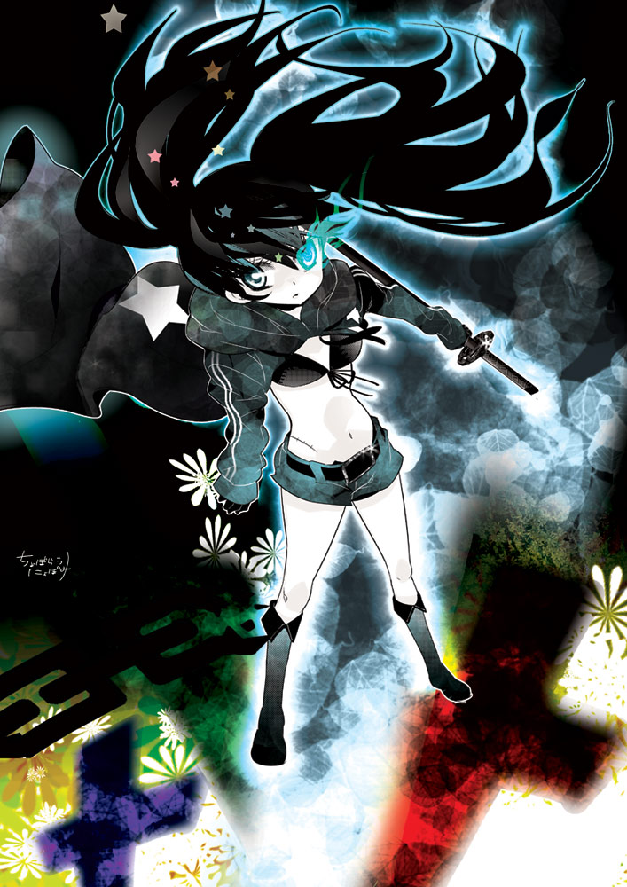 choborau nyopomi, black rock shooter (character), hatsune miku, black rock shooter, vocaloid, 10s, 1girl, black hair, blue eyes, chain, female focus, full body, katana, long hair, midriff, scar, shorts, solo, stitches, sword, twintails, weapon