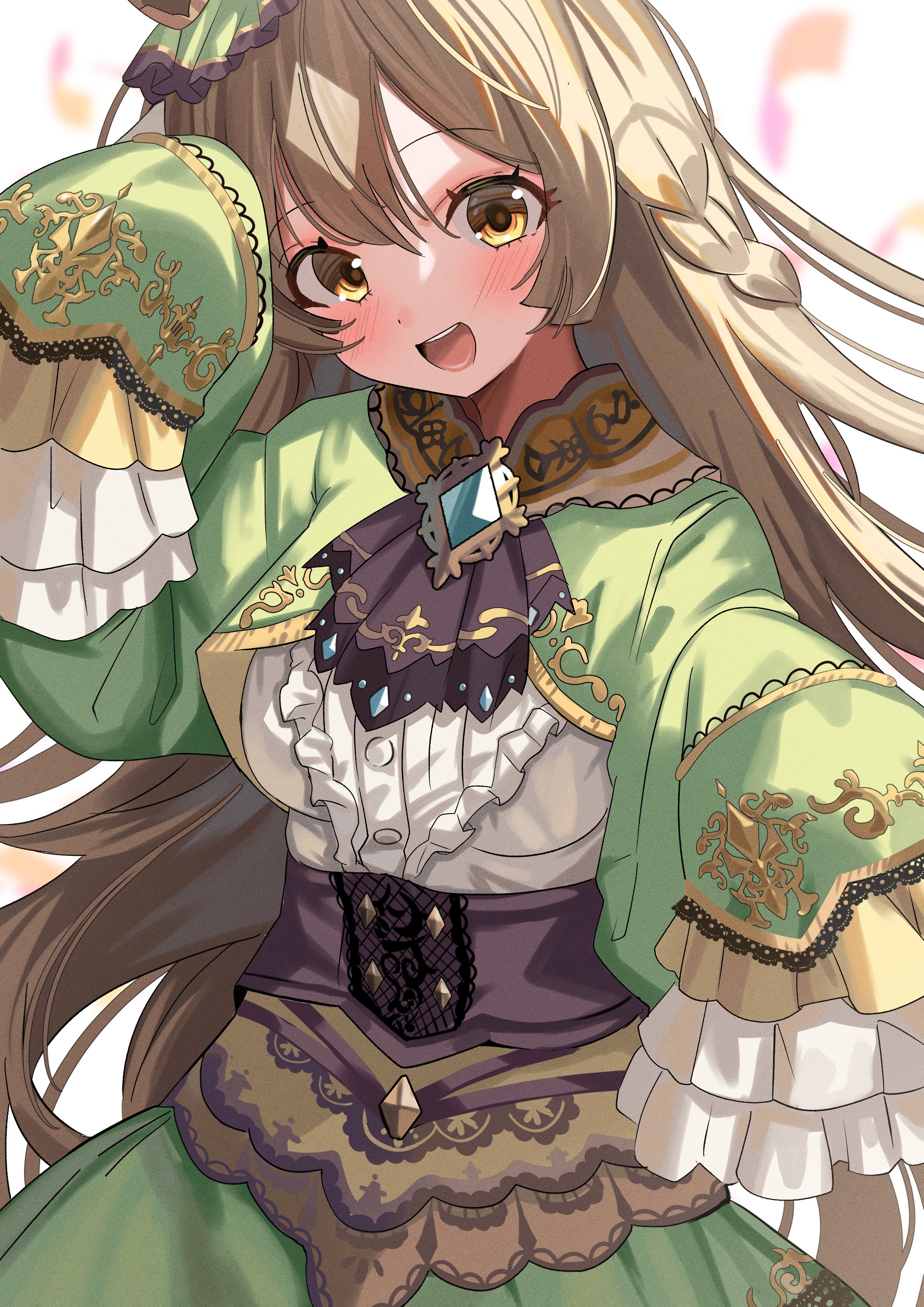 ame sagari, satono diamond (umamusume), umamusume, absurdres, highres, 1girl, animal ears, blush, brown eyes, brown hair, center frills, cropped jacket, frills, green jacket, green skirt, high-waist skirt, horse ears, horse girl, jacket, looking at viewer, open mouth, satono diamond (natural brilliance) (umamusume), shirt, skirt, sleeves past fingers, sleeves past wrists, solo, teeth, upper teeth only, white shirt