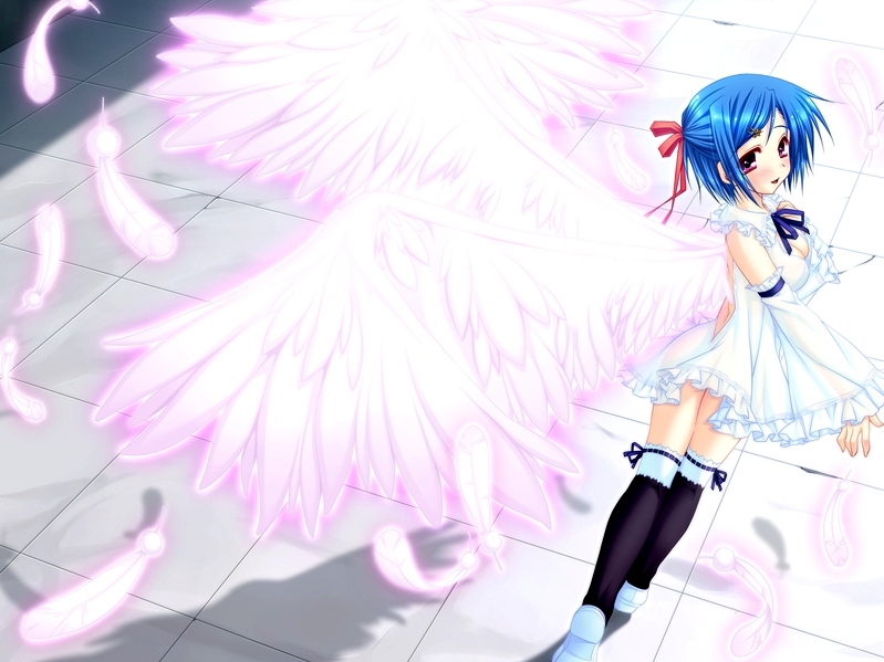 araiguma, tendou rie, trouble succubus, game cg, 1girl, angel, backless dress, backless outfit, bare back, blue hair, bow, breasts, cleavage, detached sleeves, dress, feathers, female focus, red eyes, ribbon, see-through clothes, short hair, sideboob, solo, walking, wings