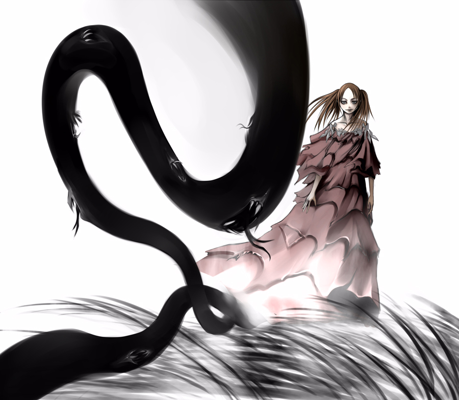 yama, luciela, claymore (series), 00s, 1girl, black hair, dress, female focus, grass, looking at viewer, pale skin, red dress, short hair, short sleeves, simple background, solo, standing, tentacles, white background