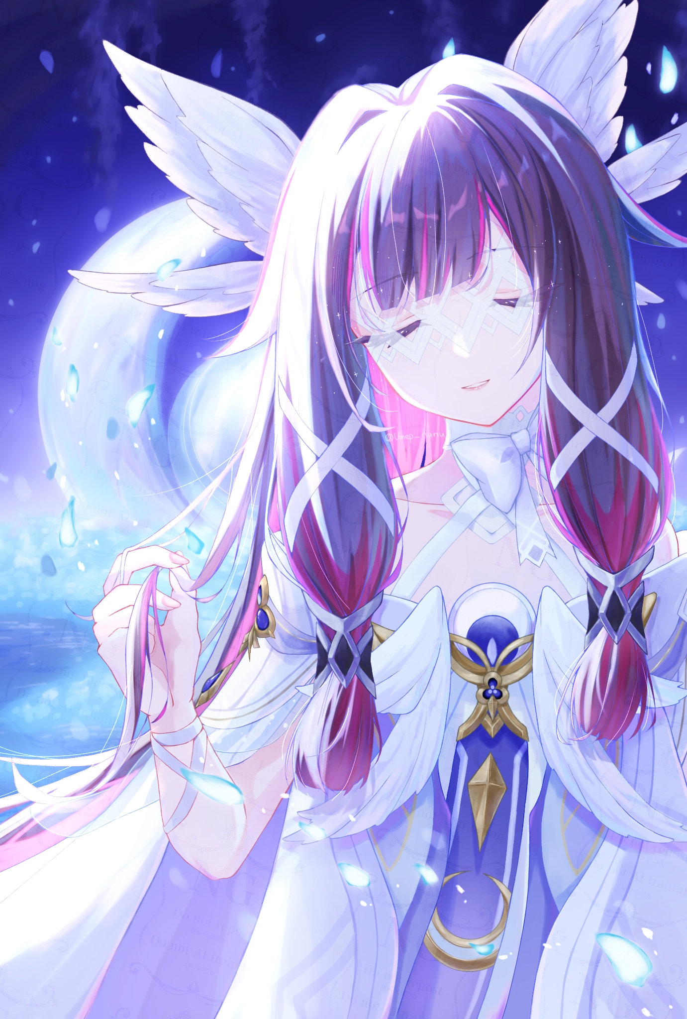 ume p~, columbina (genshin impact), genshin impact, highres, 1girl, black hair, choker, closed eyes, collarbone, dress, feathered wings, hair ribbon, head wings, long hair, moon, multicolored hair, multiple wings, parted lips, pink hair, pink nails, ribbon, sidelocks, solo, very long hair, white choker, white dress, white mask, white ribbon, wings