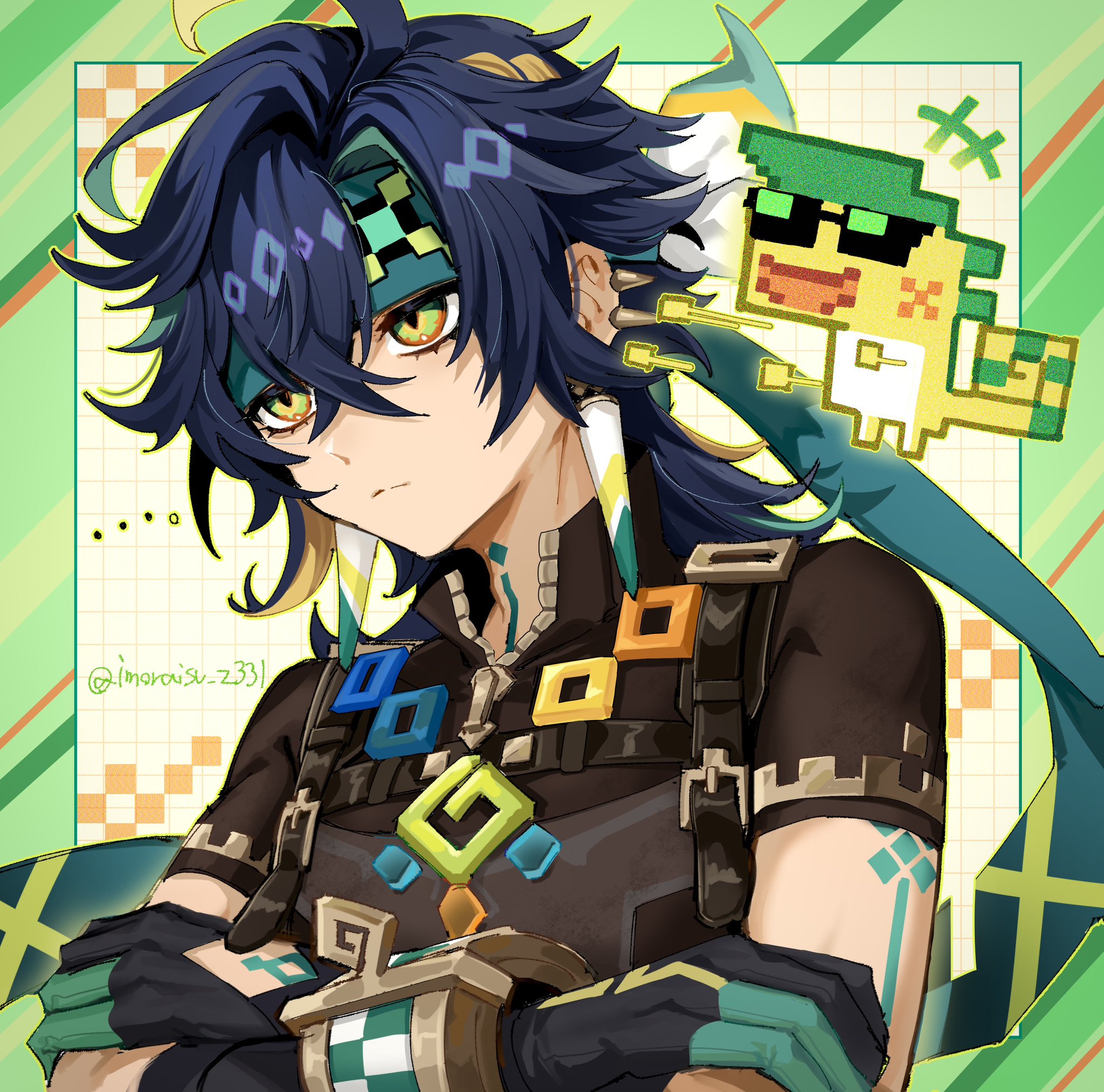 imoraisu subu, ajaw (genshin impact), kinich (genshin impact), genshin impact, commentary request, highres, +++, …, 1boy, black gloves, blue hair, closed mouth, crossed arms, earrings, gloves, green eyes, green hair, green headband, hair between eyes, headband, jewelry, male focus, multicolored hair, open mouth, short sleeves, simple background, twitter username, upper body