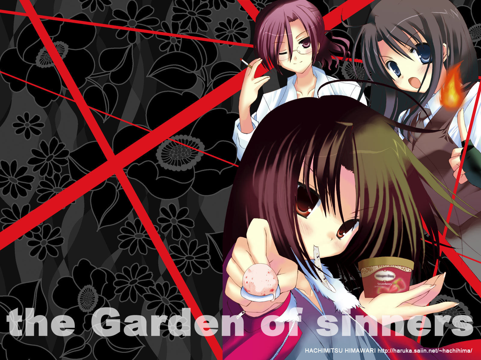 kozakura ryou, aozaki touko, kokutou azaka, ryougi shiki, haagen-dazs, kara no kyoukai, type-moon, highres, 3girls, :o, black hair, blue eyes, blush, cigarette, collarbone, crossover, dress shirt, fingerless gloves, fingernails, fire, flower, food, foreshortening, fur collar, fur trim, glasses, gloves, gradient hair, hair between eyes, head tilt, ice cream, jacket, japanese clothes, kimono, leaf, long fingernails, long hair, looking at viewer, mouth hold, multicolored hair, multiple girls, necktie, one eye closed, open clothes, open jacket, open mouth, outstretched arm, parted bangs, pointing, ponytail, product placement, purple eyes, purple hair, red eyes, red jacket, shirt, short hair, sidelocks, sleeves rolled up, smile, spoon, unzipped, upper body, vest, wavy hair, wink