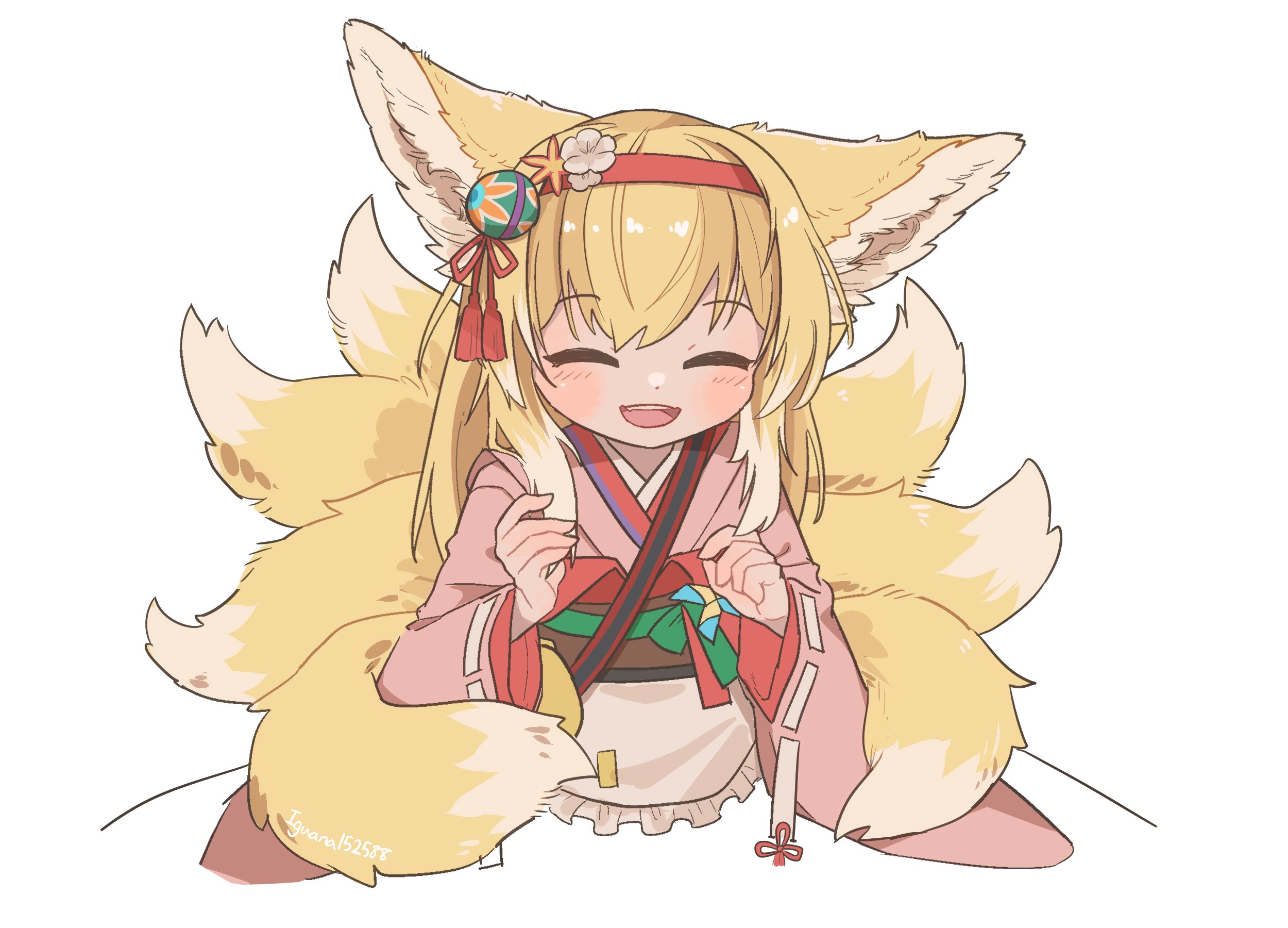 iguana152588, suzuran (arknights), suzuran (yukibare) (arknights), arknights, highres, 1girl, animal ears, apron, blonde hair, closed eyes, fox ears, fox girl, fox tail, hairband, japanese clothes, kimono, multiple tails, obi, official alternate costume, pink kimono, sash, solo, tail
