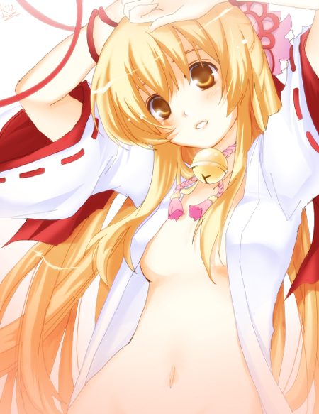 kurot, 1girl, bell, blonde hair, brown eyes, collar, female focus, hair ribbon, hat, long hair, navel, neck bell, open clothes, open shirt, ribbon, shirt, solo