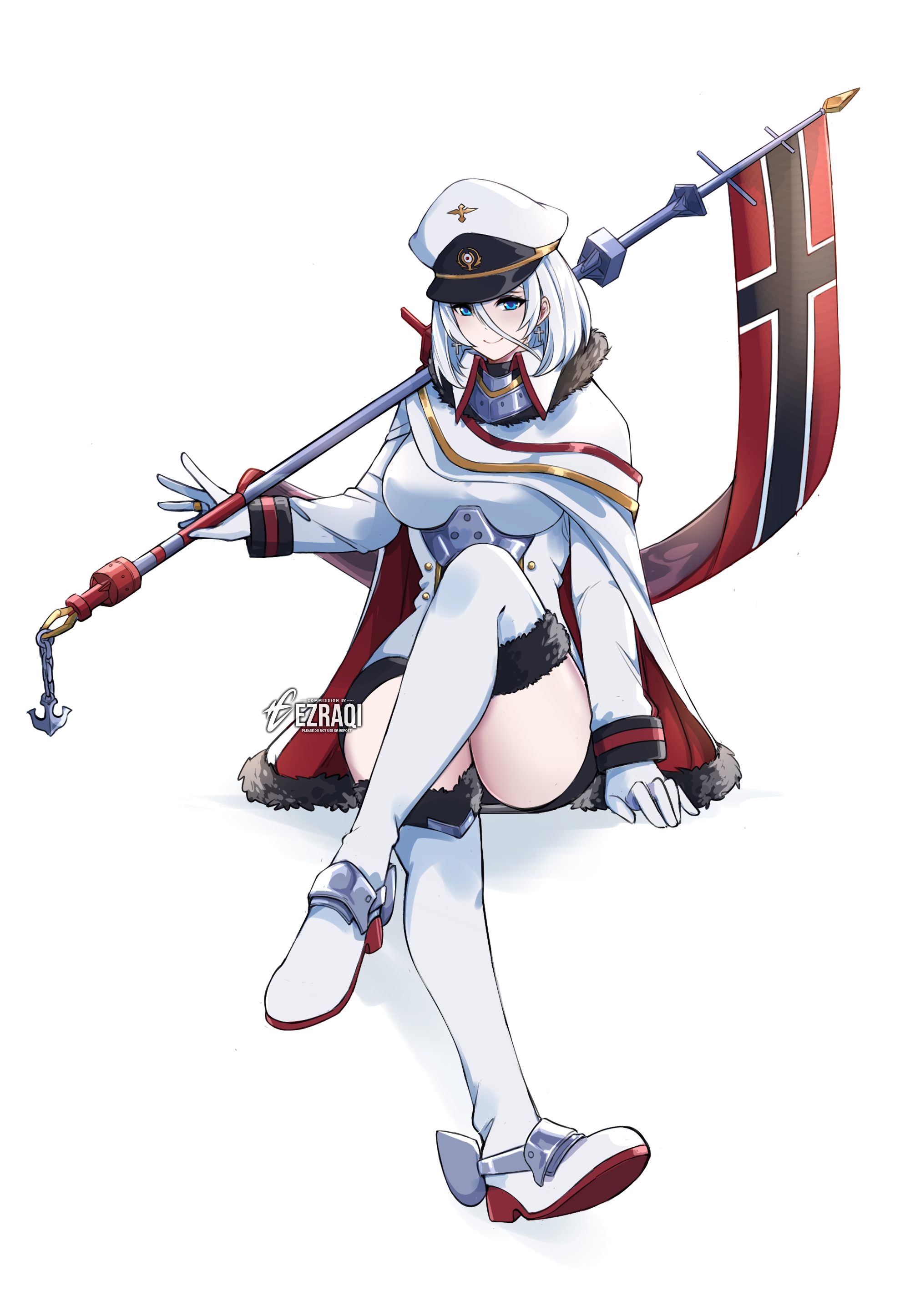 ezraqi, tirpitz (azur lane), azur lane, absurdres, commission, highres, vgen commission, 1girl, artist name, blue eyes, boots, breasts, cape, crossed legs, flag, full body, fur-trimmed cape, fur collar, fur trim, gloves, hair between eyes, hat, holding, holding flag, looking at viewer, medium breasts, military, military hat, military uniform, peaked cap, short hair, sitting, smile, solo, thigh boots, watermark, white boots, white gloves, white hat