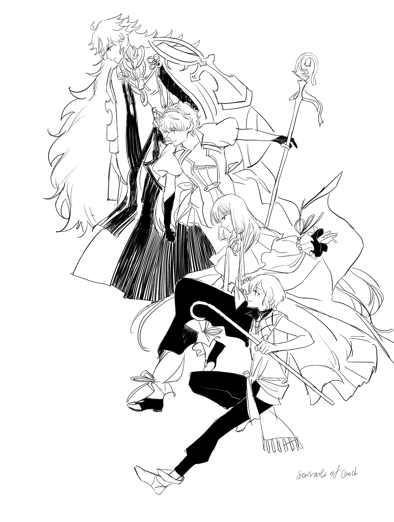 forzen, david (fate), moses (fate), noah (fate), solomon (fate), fate/grand order, fate (series), highres, 4boys, braid, father and son, full body, gloves, historical connection, holding, holding staff, long hair, male focus, monochrome, multiple boys, pants, robe, shepherd's crook, short hair, simple background, single braid, smile, staff, tunic, white background