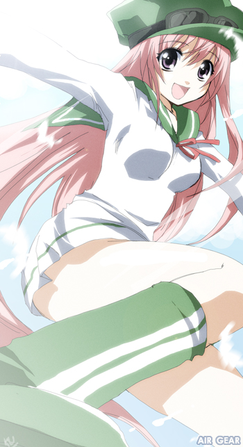kurot, simca, air gear, 00s, 1girl, boots, feathers, female focus, green boots, hat, long hair, newsboy cap, pink hair, smile, solo