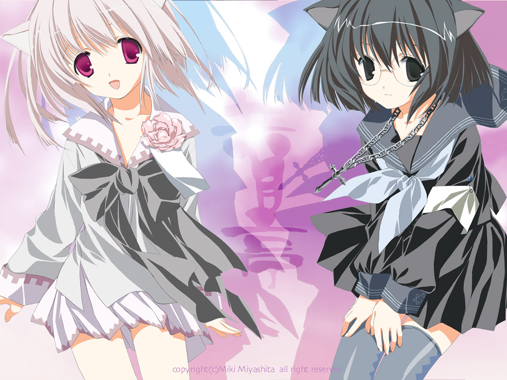 miyashita miki, 2girls, albino, animal ears, black eyes, black hair, blue thighhighs, bow, cat ears, cross, cross necklace, flower, glasses, jewelry, multiple girls, necklace, purple eyes, rosary, rose, school uniform, serafuku, short hair, smile, thighhighs, white hair, zettai ryouiki