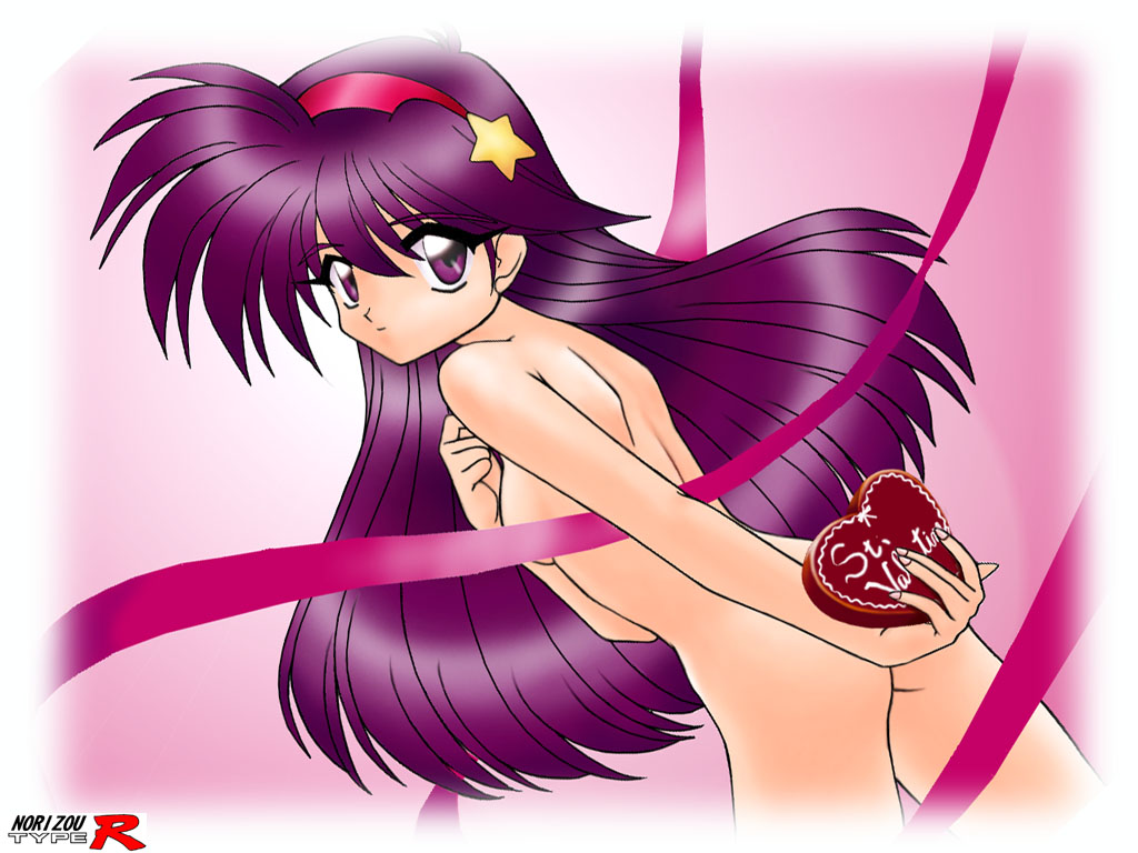 norizou type-r, asamiya athena, snk, the king of fighters, 1girl, ass, breasts, candy, chocolate, chocolate heart, female focus, food, heart, long hair, nude, purple hair, ribbon, solo