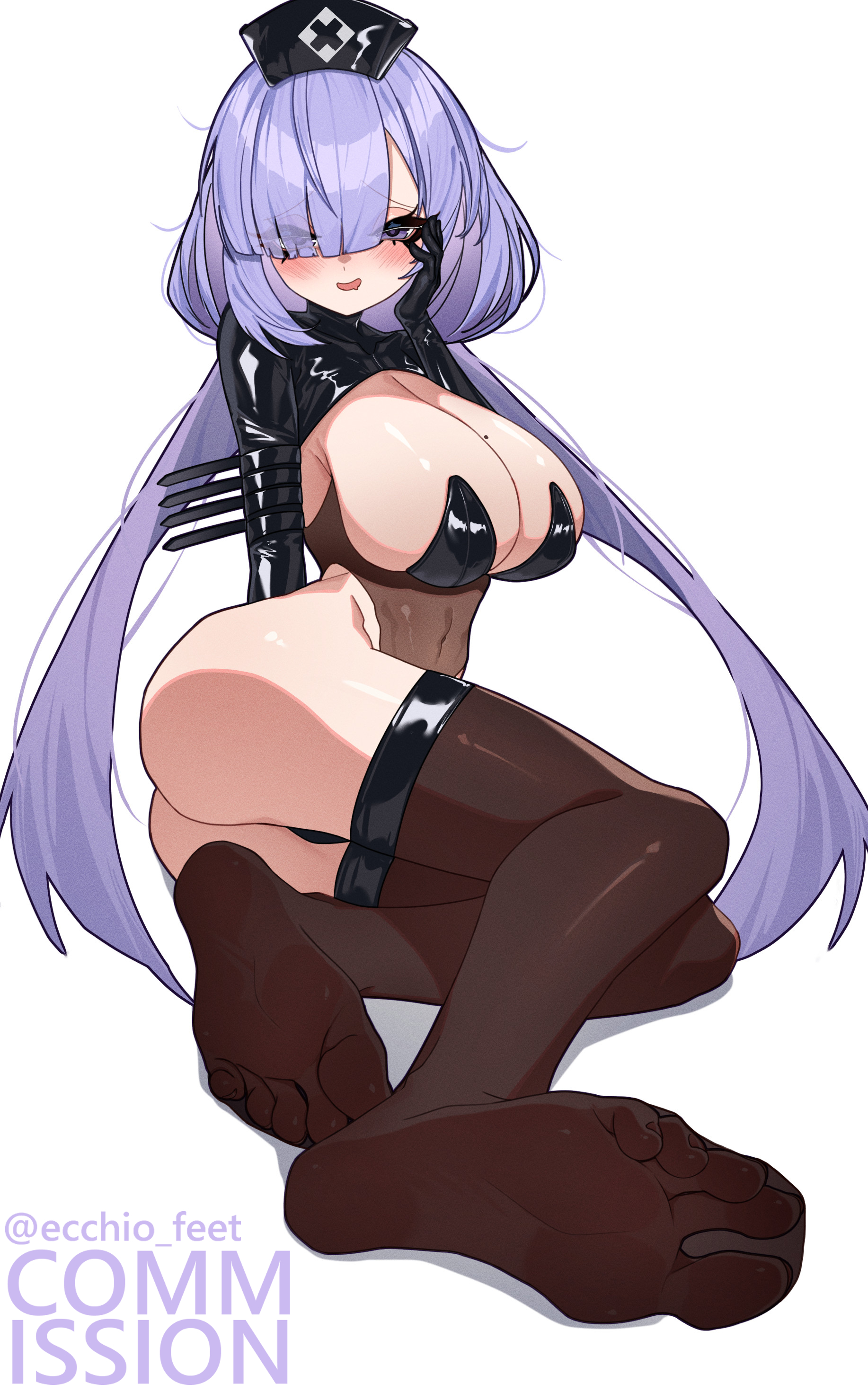 ecchi-o, mogador (azur lane), azur lane, absurdres, highres, 1girl, blush, breasts, feet, hair over one eye, hand on own cheek, hand on own face, hat, large breasts, latex, leotard, long hair, looking at viewer, low twintails, nurse cap, open mouth, purple eyes, purple hair, see-through clothes, see-through legwear, soles, thighhighs, toes, twintails