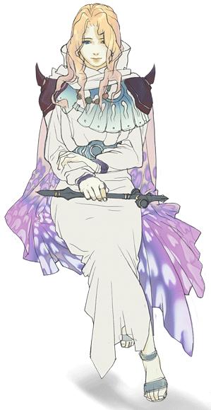 oguro akira, rosa farrell, final fantasy, final fantasy iv, final fantasy iv: the after years, official art, 1990s (style), 1girl, belt, blonde hair, cape, dress, female focus, full body, gradient background, long hair, retro artstyle, sandals, shoulder pads, sitting, solo