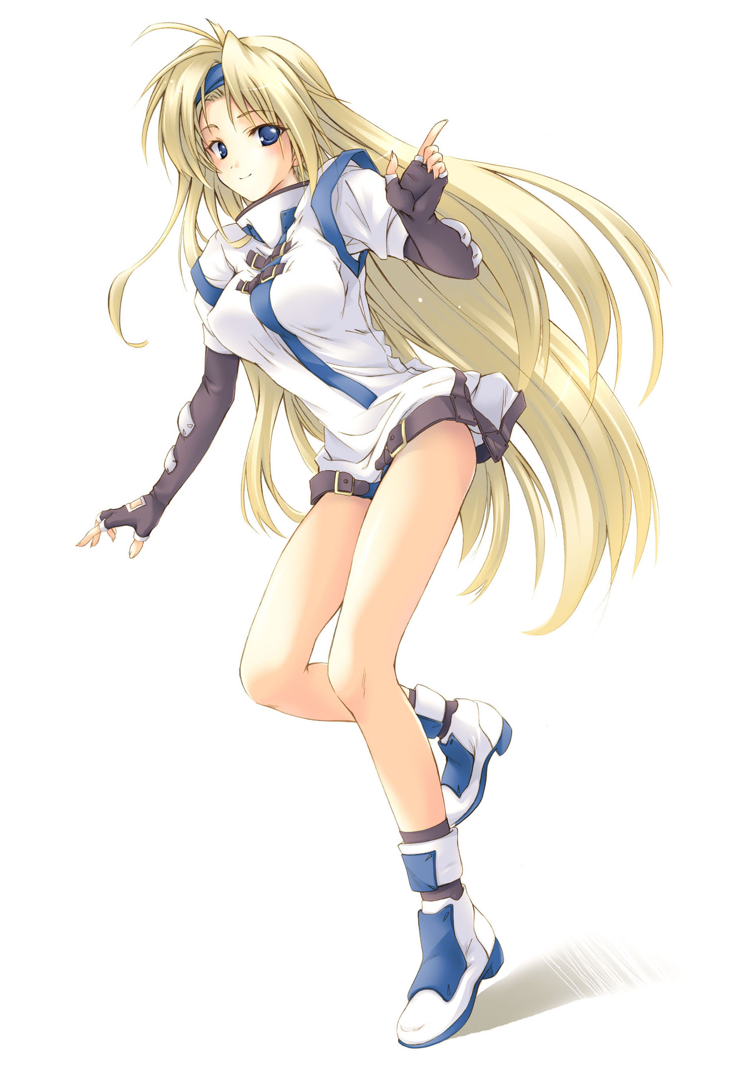 you yude, millia rage, arc system works, guilty gear, guilty gear x, highres, 1girl, blonde hair, blue eyes, blush, boots, breasts, elbow gloves, female focus, fingerless gloves, gloves, hairband, headband, large breasts, legs, long hair, solo, very long hair