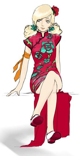 oguro akira, ursula leiden, final fantasy, final fantasy iv, final fantasy iv: the after years, official art, 1990s (style), 1girl, blonde hair, china dress, chinese clothes, crossed legs, dress, female focus, flower, full body, gradient background, green eyes, retro artstyle, ribbon, rose, sitting, smile, solo