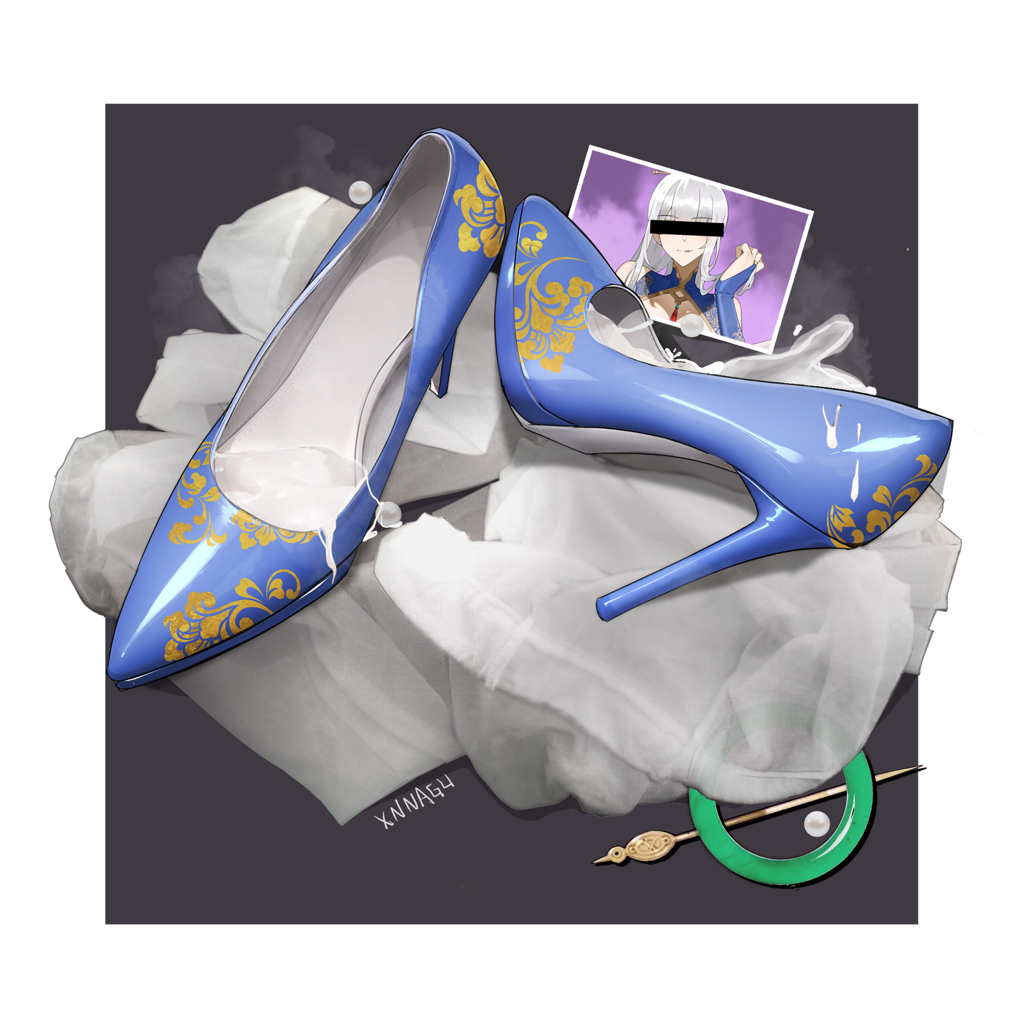 xnnagu, blue footwear, highres, 1girl, artist name, bar censor, censored, censored identity, cum, cum on clothes, grey hair, high heels, holding, holding photo, jewelry, long hair, photo (object), ring, shoes, smell, solo, steaming body, stiletto heels, unworn shoes, used tissue, white hair