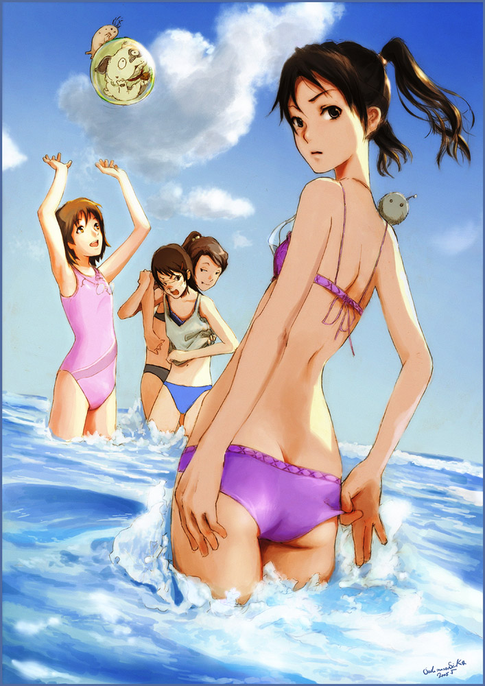 shiika sadamasa, aiko (dennou coil), amasawa yuuko, densuke (dennou coil), hashimoto fumie, mojo (dennou coil), okonogi yuuko, oyaji (dennou coil), dennou coil, 00s, 4girls, ass, back, bikini, brown hair, butt crack, cloud, day, flat ass, flat chest, looking back, midriff, multiple girls, one-piece swimsuit, outdoors, short hair, sky, swimsuit, twintails, wading, water