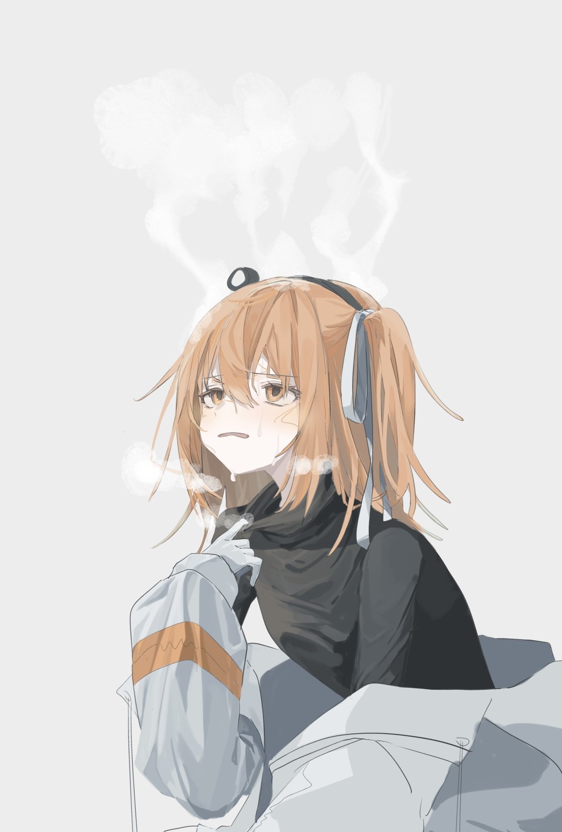 yorky (0614yorky), adachi rei, a.i. voice, utau, commentary request, highres, 1girl, black sweater, gloves, grey background, hair between eyes, hair ribbon, headlamp, hot, jacket, long sleeves, medium hair, off shoulder, one side up, open clothes, orange eyes, orange hair, ribbon, simple background, solo, steam, sweat, sweater, upper body, white gloves, white ribbon