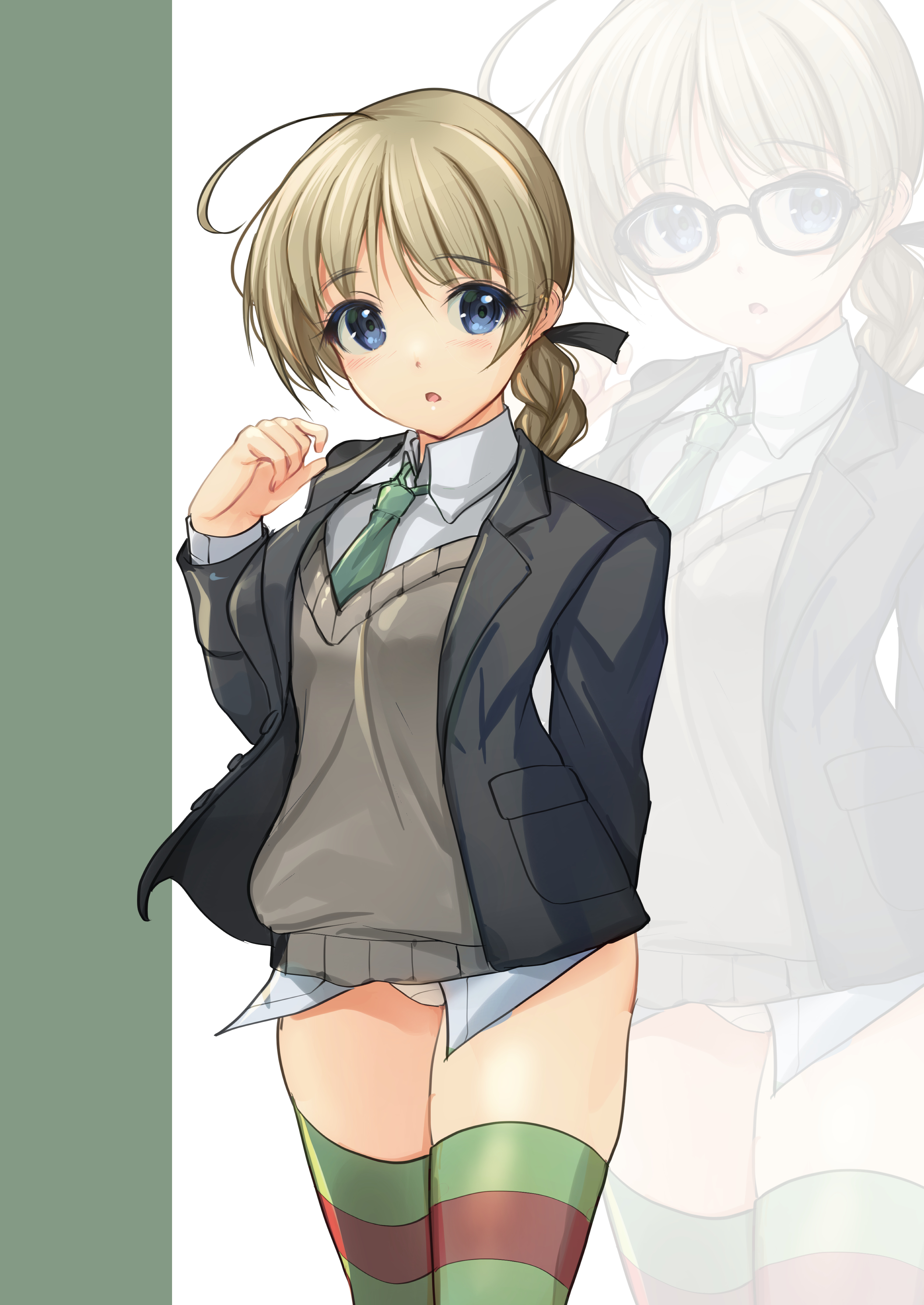 yashin (yasinz), lynette bishop, strike witches, world witches series, absurdres, commentary request, highres, 1girl, ahoge, bespectacled, black jacket, blazer, blue eyes, braid, brown hair, collared shirt, dress shirt, glasses, green neckerchief, green thighhighs, grey sweater, jacket, multicolored thighhighs, neckerchief, panties, shirt, shirt under sweater, single braid, solo, sweater, thighhighs, underwear, white panties, white shirt, zoom layer