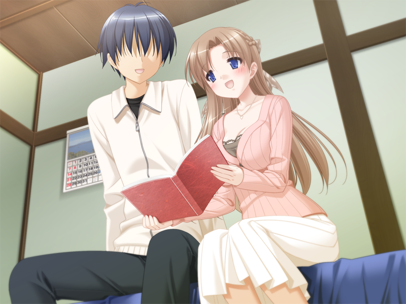 kani biimu, kinoshita tomomi, konayuki fururi, game cg, 1boy, 1girl, :d, black hair, blue eyes, book, brown hair, calendar (object), faceless, faceless male, long hair, open mouth, sitting, smile