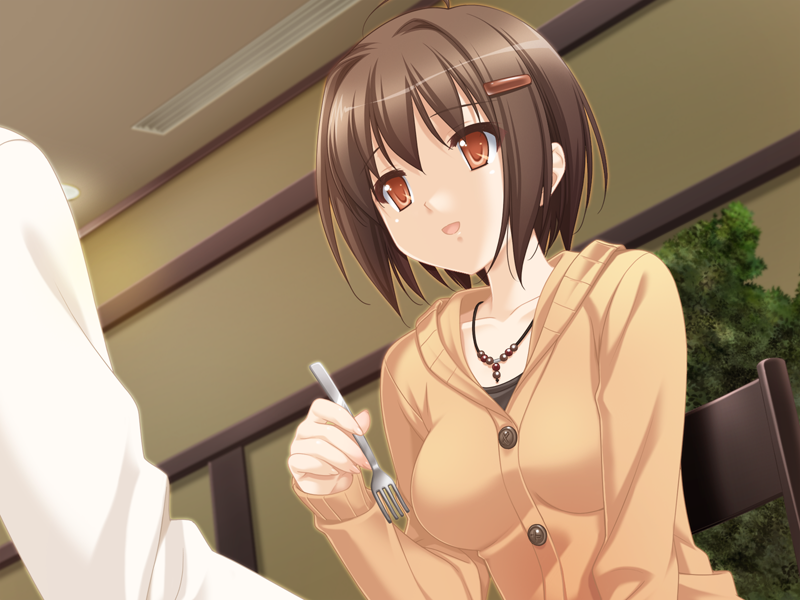 kani biimu, yoshioka saeko, konayuki fururi, game cg, 1girl, female focus, male hand, short hair, solo