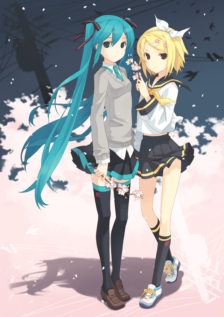 h2so4, hatsune miku, kagamine rin, vocaloid, bad id, bad pixiv id, 2girls, blonde hair, blue hair, flower, hair ornament, hair ribbon, hairclip, long hair, multiple girls, ribbon, school uniform, serafuku, short hair, skirt, sweater, thighhighs, twintails