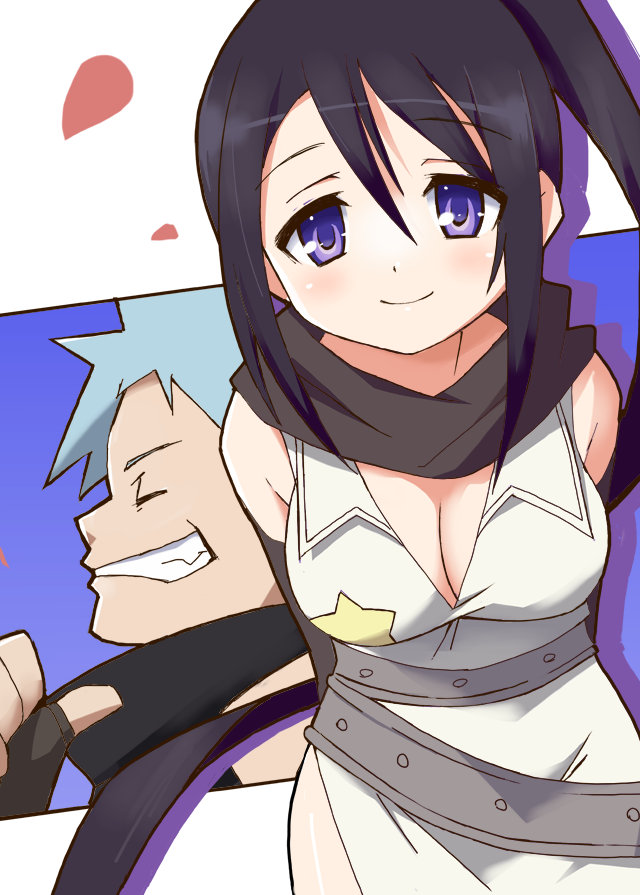 9law, black star, nakatsukasa tsubaki, soul eater, silver hair, bad id, bad pixiv id, 00s, 1boy, 1girl, belt, black hair, black scarf, blue eyes, breasts, cleavage, closed eyes, closed mouth, from side, grin, looking at viewer, petals, profile, scarf, side ponytail, smile, spiked hair, star (symbol), teeth