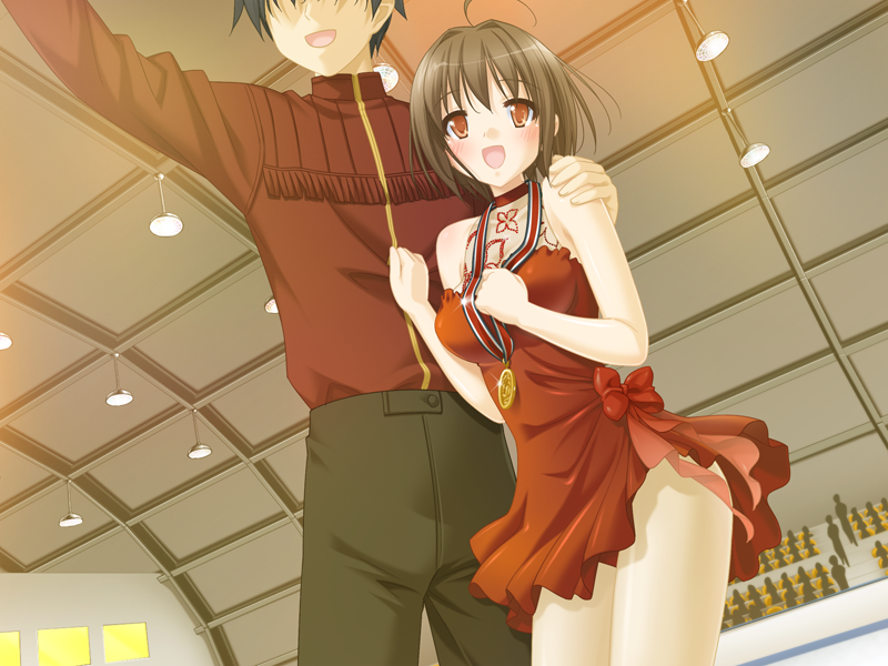 kani biimu, yoshioka saeko, konayuki fururi, game cg, 1boy, 1girl, :d, blush, choker, hand on another's shoulder, leotard, medal, open mouth, pantyhose, short hair, smile