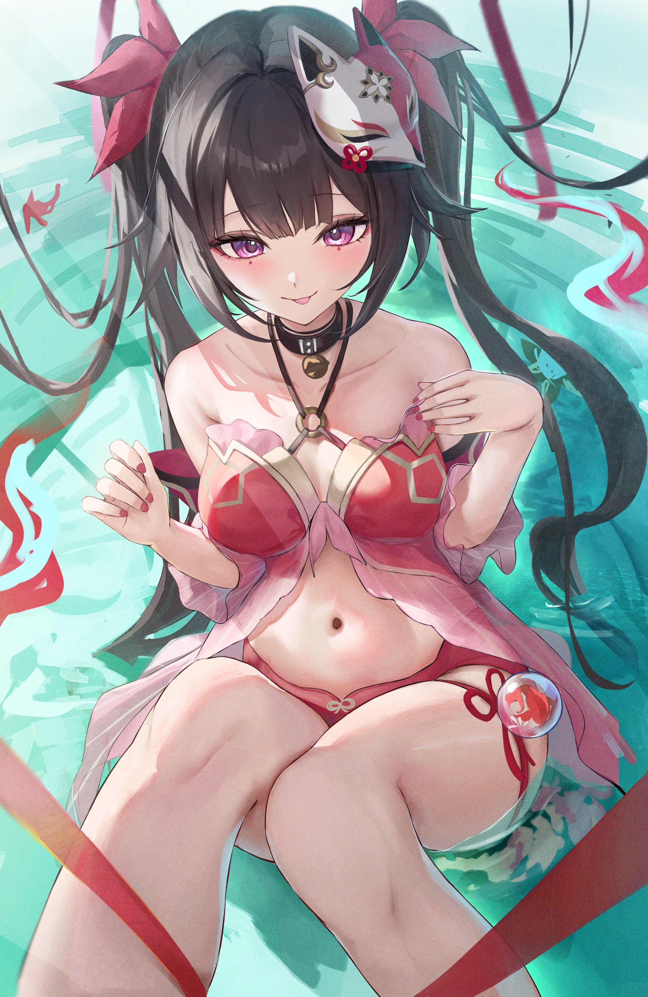 otabaaa, sparkle (honkai: star rail), honkai: star rail, honkai (series), absurdres, highres, 1girl, adapted costume, babydoll, black choker, black hair, breasts, choker, collarbone, detached sleeves, fox mask, looking at viewer, mark under both eyes, mask, mask on head, medium breasts, navel, panties, partially submerged, purple eyes, red babydoll, red panties, red sleeves, sitting, solo, stomach, tongue, tongue out, twintails, underwear, water