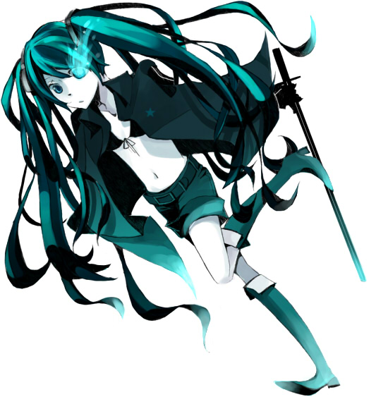 panko, black rock shooter (character), hatsune miku, black rock shooter, vocaloid, bad id, bad pixiv id, 10s, black hair, blue eyes, long hair, midriff, shorts, solo, sword, twintails, weapon