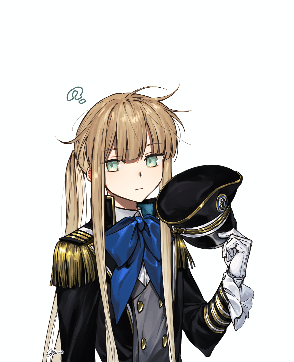 lix 118, captain nemo (fate), nemo (fate), fate/grand order, fate (series), highres, 1boy, ?, blonde hair, epaulettes, gloves, green eyes, hat, holding, holding unworn clothes, holding unworn hat, jacket, long hair, long sleeves, looking at viewer, male focus, military uniform, naval uniform, neck ribbon, ponytail, ribbon, shirt, simple background, unworn hat, unworn headwear, upper body, white background