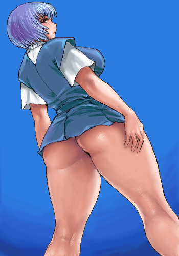 matoyama, ayanami rei, neon genesis evangelion, lowres, 1girl, alternate breast size (larger), ass, blue background, blue hair, breasts, curvy, female focus, from behind, huge ass, large breasts, looking back, no panties, oekaki, red eyes, red hair, school uniform, serafuku, short hair, simple background, solo, thick thighs, thighs, upskirt
