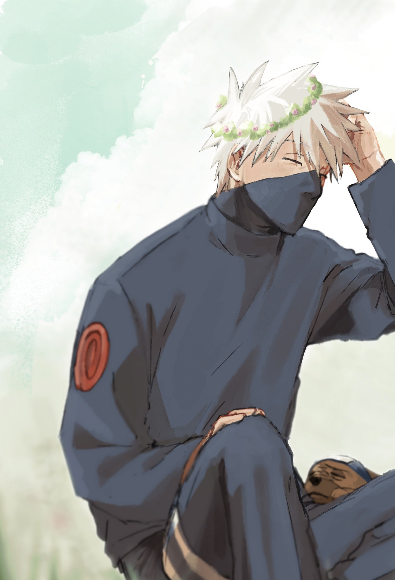 hatake kakashi, pakkun (naruto), naruto (classic), naruto (series), highres, 1boy, black pants, black shirt, dog, grey hair, mask, mouth mask, pants, shirt, short hair, social media composition, solo focus, spiked hair, toneanpo