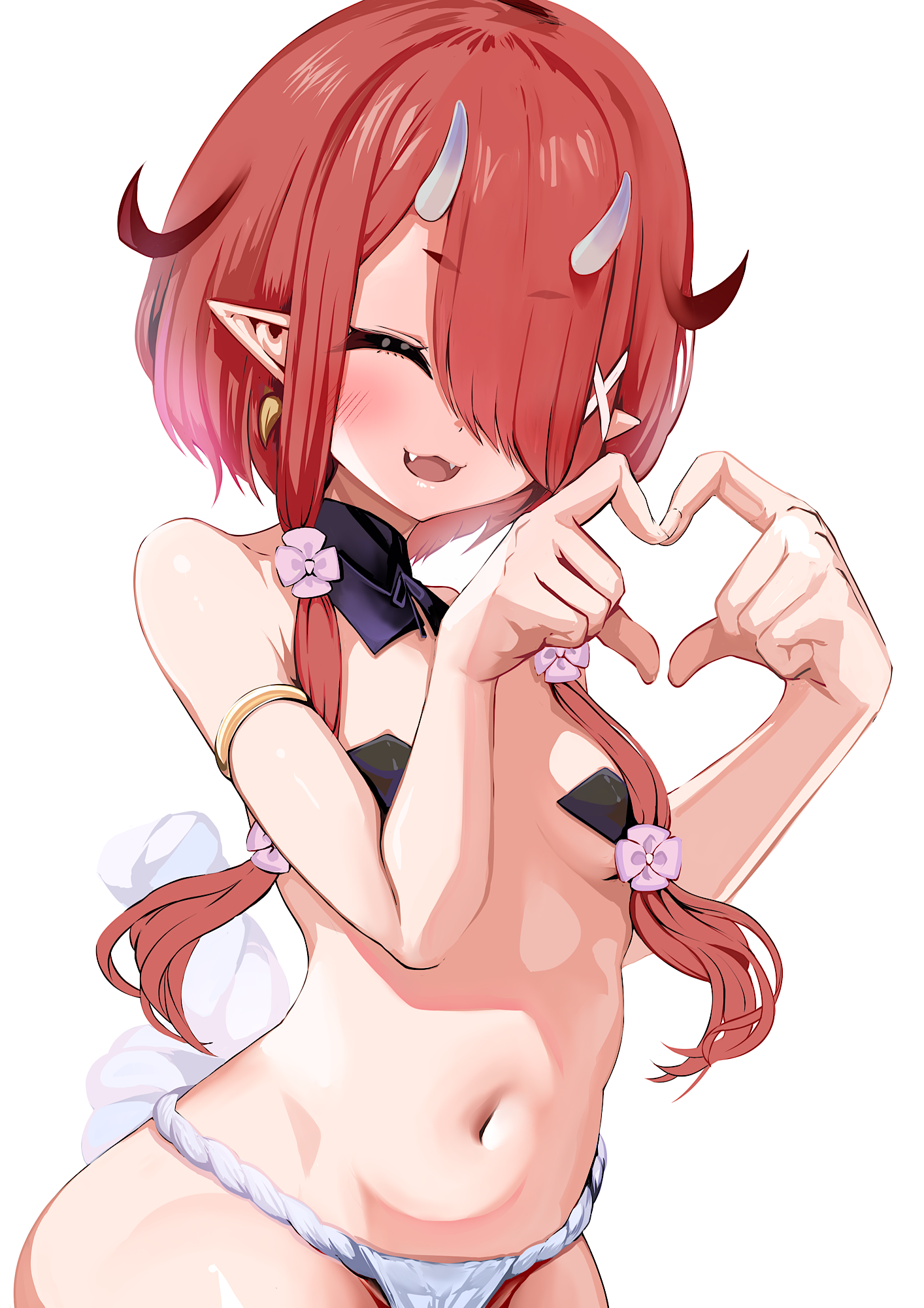 kajimakoto, hoozuki warabe, noripro, commentary request, highres, paid reward available, variant set, 1girl, bare shoulders, blush, closed eyes, cowboy shot, detached collar, fangs, fundoshi, hair ornament, hair over one eye, hair over shoulder, heart, heart hands, horns, japanese clothes, long hair, navel, one eye covered, oni, open mouth, pasties, pointy ears, red eyes, red hair, short hair with long locks, simple background, smile, solo, virtual youtuber, white background, x hair ornament