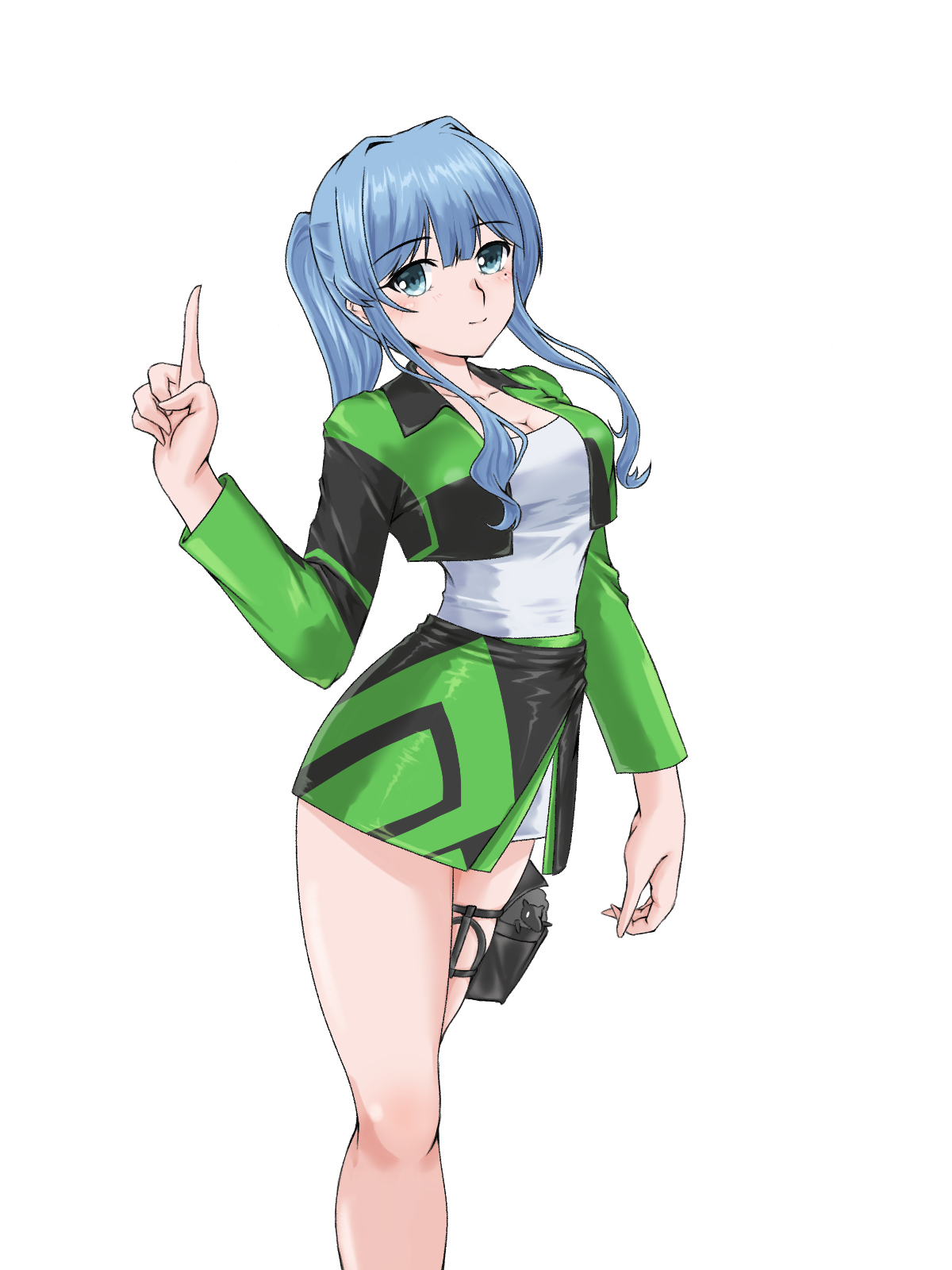 gc5 mech hk, gotland (kancolle), kantai collection, commentary request, highres, blue eyes, blue hair, breasts, c2 race queen uniform, cropped jacket, feet out of frame, gotland (2025 race queen) (kancolle), green jacket, green skirt, grey tube top, index finger raised, jacket, medium breasts, miniskirt, mole, mole under eye, multicolored skirt, ponytail, race queen, sidelocks, simple background, skirt, smile, strapless, tube top, two-tone skirt, white background