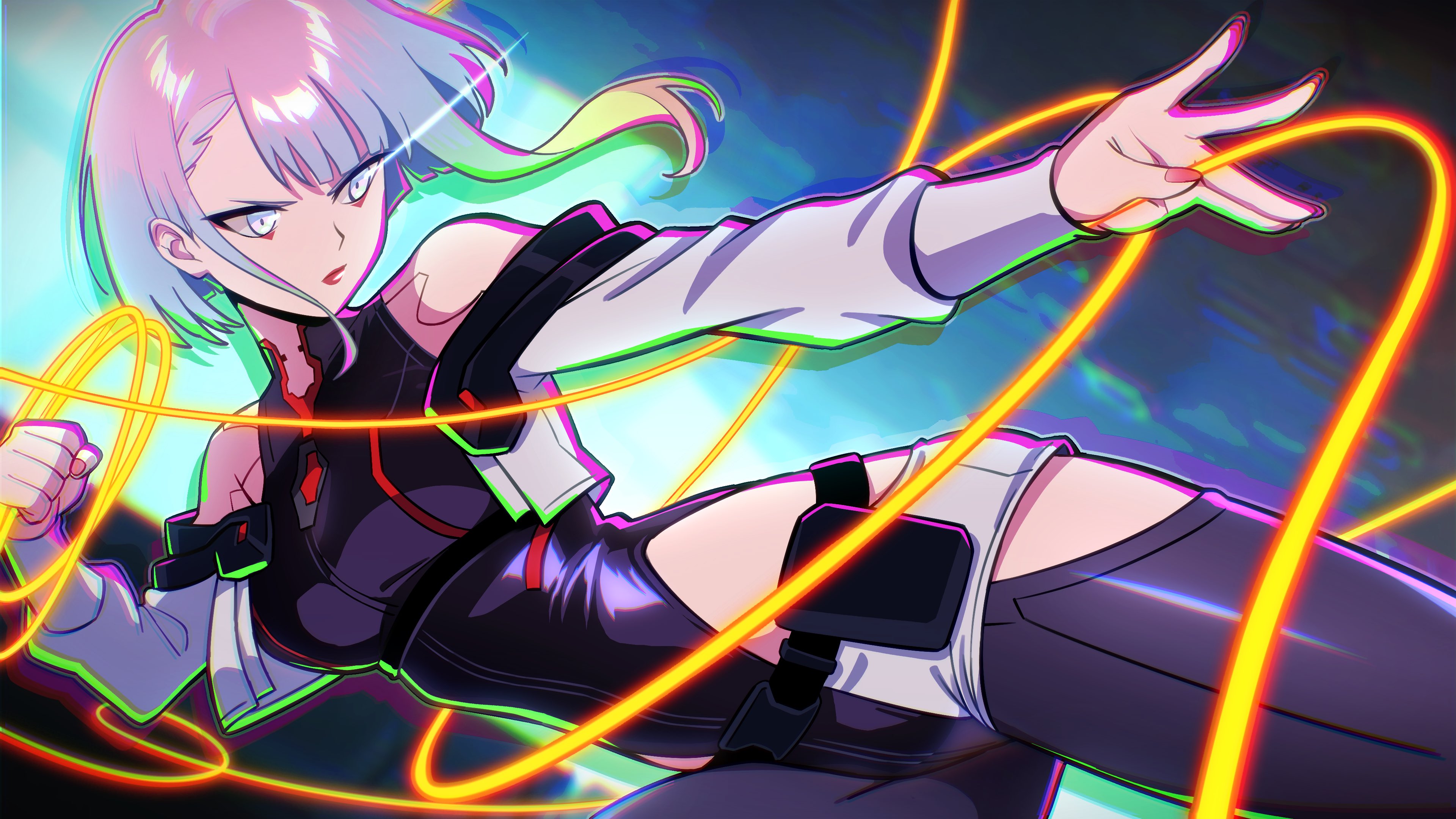 pea-bean, lucy (cyberpunk), cyberpunk: edgerunners, cyberpunk (series), guilty gear, guilty gear strive, absurdres, highres, 1girl, bare shoulders, black leotard, breasts, cowboy shot, cropped jacket, glowing, glowing eyes, grey eyes, grey hair, holding, holding whip, jacket, leotard, medium breasts, shorts, solo, white jacket, white shorts