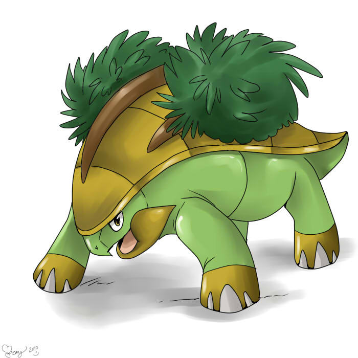 grotle, nintendo, pokemon, gen 4 pokemon, no humans, open mouth, pokemon (creature), signature, simple background, solo, sukesha ray, white background
