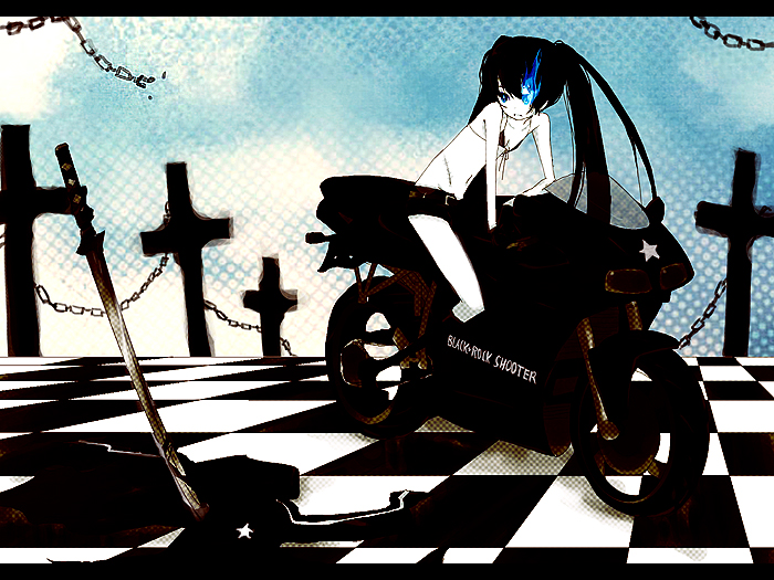 kl (dgzonbi), kl (pixiv), black rock shooter (character), black rock shooter, vehicle, 10s, 1girl, belt, bikini, bikini top only, black bikini, black hair, blue eyes, broken, broken chain, chain, checkered floor, cross, female focus, flat chest, katana, latin cross, long hair, motor vehicle, motorcycle, navel, short shorts, shorts, solo, swimsuit, sword, twintails, weapon