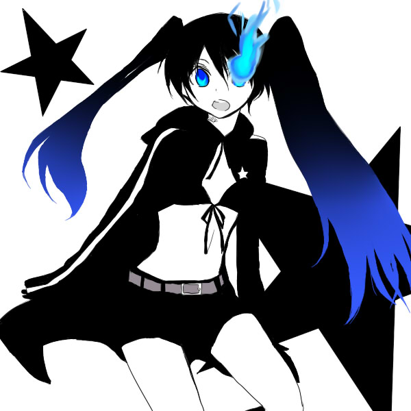 kino hazuki, black rock shooter (character), hatsune miku, black rock shooter, vocaloid, bad id, bad pixiv id, 10s, 1girl, black hair, blue eyes, female focus, long hair, midriff, monochrome, shorts, simple background, solo, spot color, twintails, uneven twintails