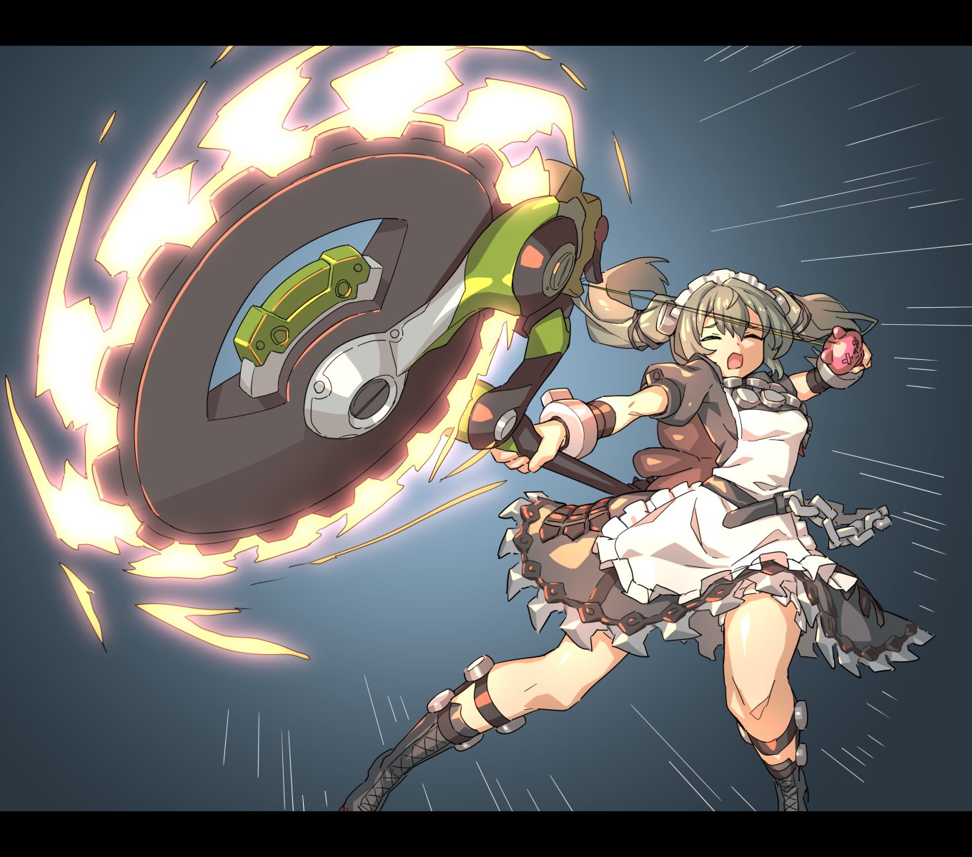 sin6, corin wickes, zenless zone zero, commentary request, highres, 1girl, animal bag, apron, bear bag, black boots, boots, breasts, chain, circular saw, closed eyes, cuffs, glowing hot, green hair, holding, holding weapon, knee boots, letterboxed, long hair, maid, maid apron, maid headdress, open mouth, puffy short sleeves, puffy sleeves, pulling, saw, screw hair ornament, short sleeves, simple background, solo, twintails, weapon