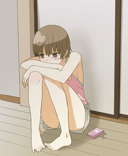 mattaku mousuke, original, 1girl, barefoot, cellphone, feet, female focus, full body, indoors, phone, pigeon-toed, short hair, shorts, solo, spread toes, toes