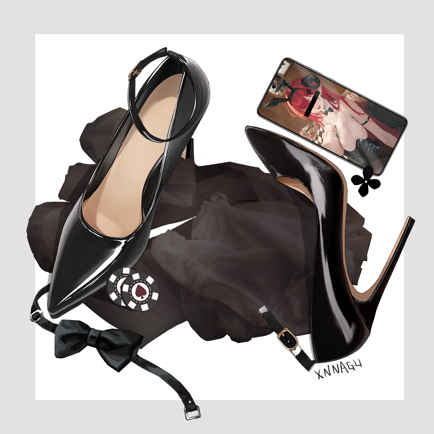 xnnagu, black footwear, highres, 1girl, animal ears, artist name, bar censor, black bow, black flower, black leotard, black rose, border, bow, bowtie, breasts, cellphone, cellphone photo, censored, censored identity, curled horns, detached collar, fake animal ears, flower, high heels, horns, large breasts, leotard, long hair, phone, playboy bunny, rabbit ears, red hair, rose, shoes, simple background, smartphone, stiletto heels, strapless, strapless leotard, unworn shoes, white background