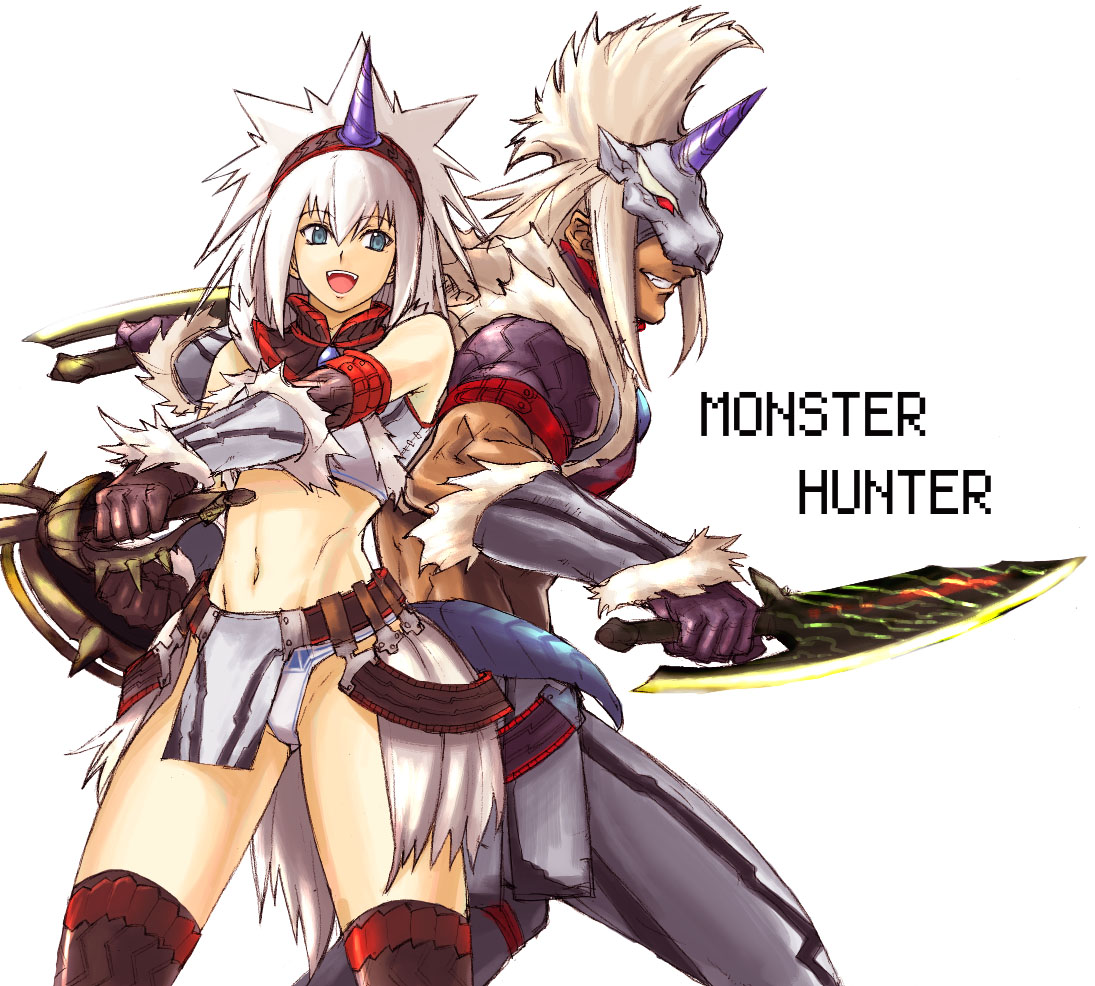 tetsu (kimuchi), capcom, monster hunter (series), 1boy, 1girl, back-to-back, blue eyes, hairband, horns, kirin (armor), loincloth, muscular, navel, panties, single horn, thighhighs, underwear, weapon, white hair, white panties