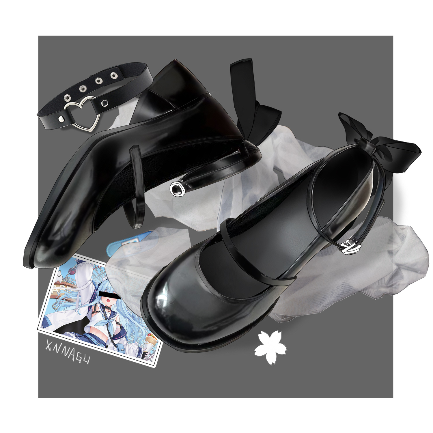 xnnagu, black footwear, highres, 1girl, bar censor, blue hair, bow, censored, censored identity, loafers, long hair, mary janes, no humans, photo (object), school uniform, serafuku, shoes, unworn shoes