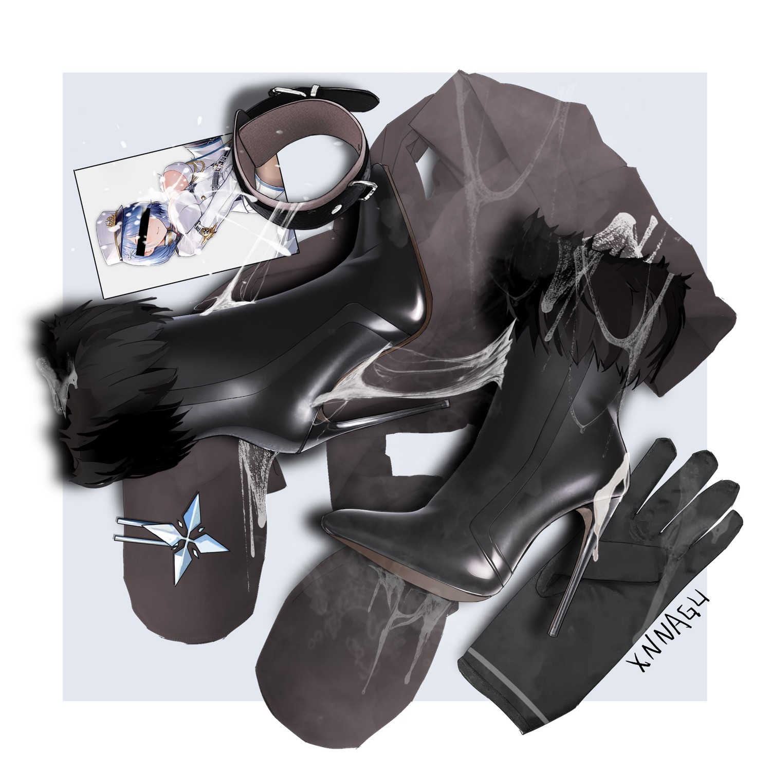 xnnagu, black footwear, white headwear, highres, 1girl, artist name, bar censor, black gloves, black pantyhose, blindfold, blue hair, boots, border, censored, cum, fur-trimmed boots, fur-trimmed sleeves, fur trim, gloves, hat, high heel boots, high heels, pantyhose, photo (object), shoes, smell, steaming body, unworn boots