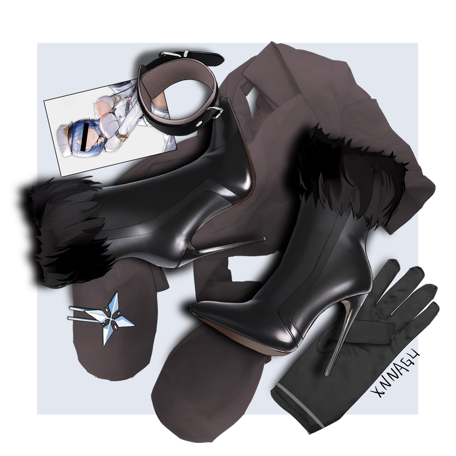 xnnagu, black footwear, white headwear, highres, 1girl, arms behind back, artist name, bar censor, bdsm, black pantyhose, blindfold, blue hair, boots, border, bound, breasts, censored, censored identity, collar, covered eyes, fur-trimmed boots, fur-trimmed gloves, fur-trimmed sleeves, fur trim, gloves, hat, high heel boots, high heels, large breasts, pantyhose, photo (object), see-through clothes, see-through legwear, solo, unworn boots