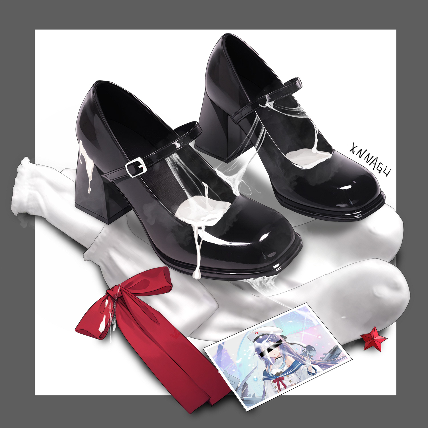 xnnagu, black footwear, highres, 1girl, artist name, blue sailor collar, border, bow, cum, cum on body, cum on clothes, cum on feet, grey border, hat, holding, holding photo, loafers, mary janes, no humans, photo (object), red ribbon, ribbon, sailor collar, school uniform, serafuku, shoes, smell, socks, star (symbol), still life, sunglasses, unworn shoes, unworn socks, white background, white socks