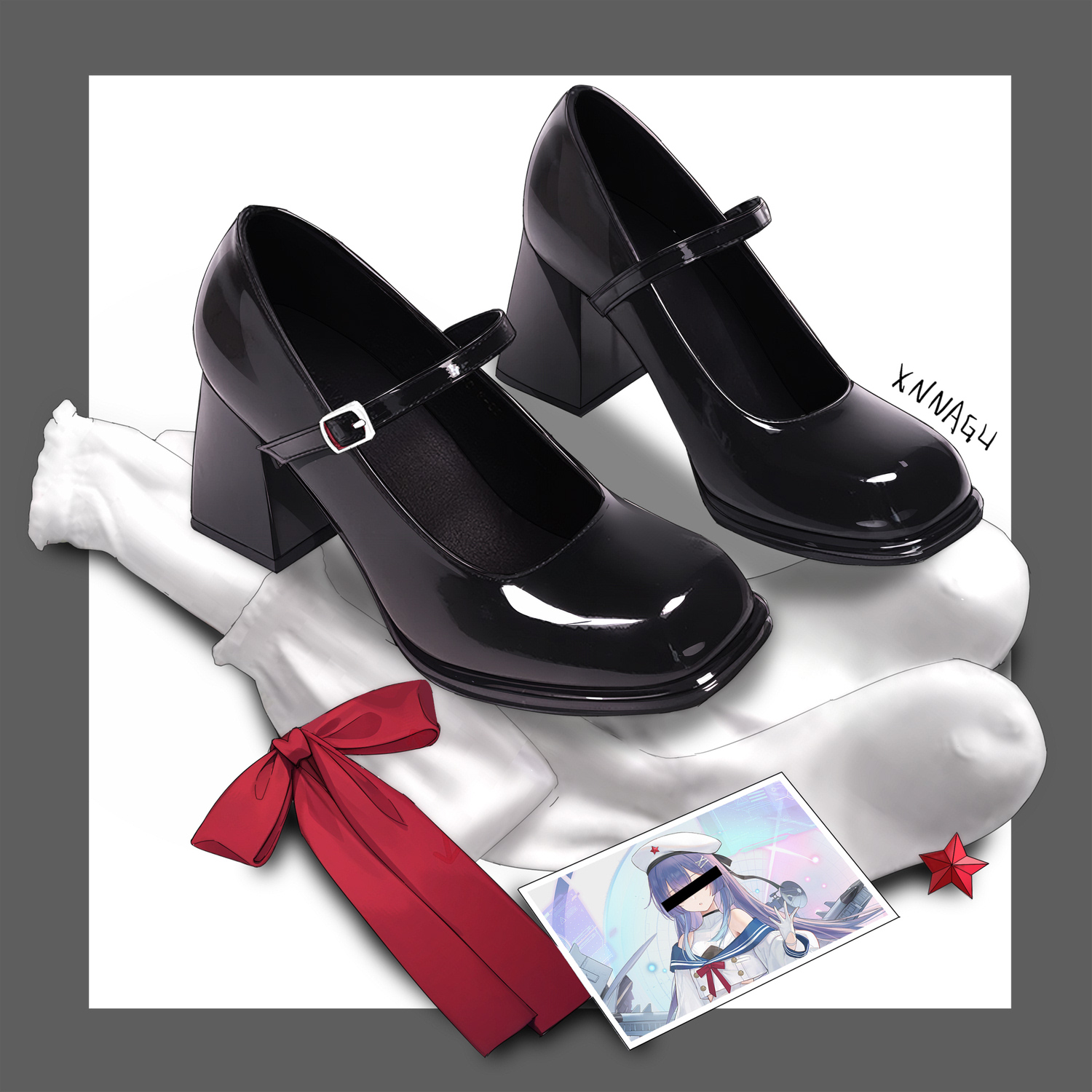 xnnagu, black footwear, white headwear, highres, artist name, bar censor, blue sailor collar, border, bow, censored, censored identity, grey border, hat, high heels, holding, holding photo, loafers, mary janes, no humans, photo (object), purple hair, red bow, red ribbon, ribbon, sailor collar, shoes, simple background, socks, star (symbol), still life, unworn shoes, white background, white socks