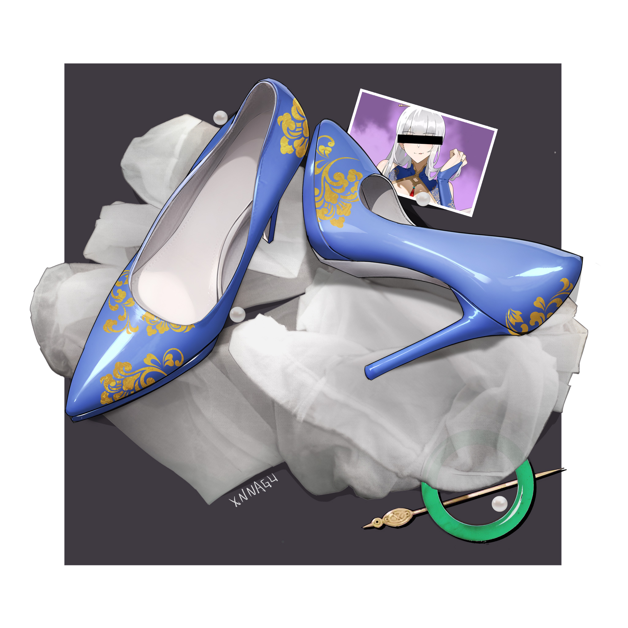 xnnagu, blue footwear, highres, 1girl, artist name, bar censor, border, censored, censored identity, gem, high heels, holding, holding photo, jewelry, long hair, photo (object), ring, shoes, solo, stiletto heels, white hair